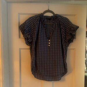 Veronica Beard Navy Plaid Ruffle Sleeve Top